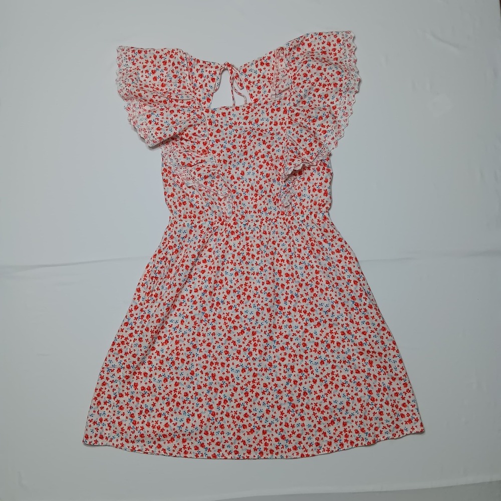 Old Navy Womens Small Flutter Sleeve Red Floral Ruffle Fit+Flare Dress‎ - Picture 2 of 7